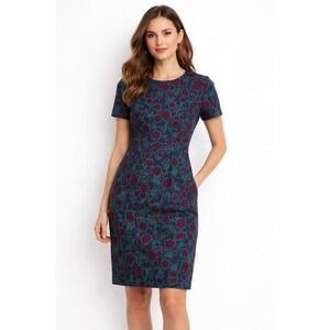 J.Crew Floral Sheath Dress Size 6 Navy Burgundy Teal Short Sleeve Career Work